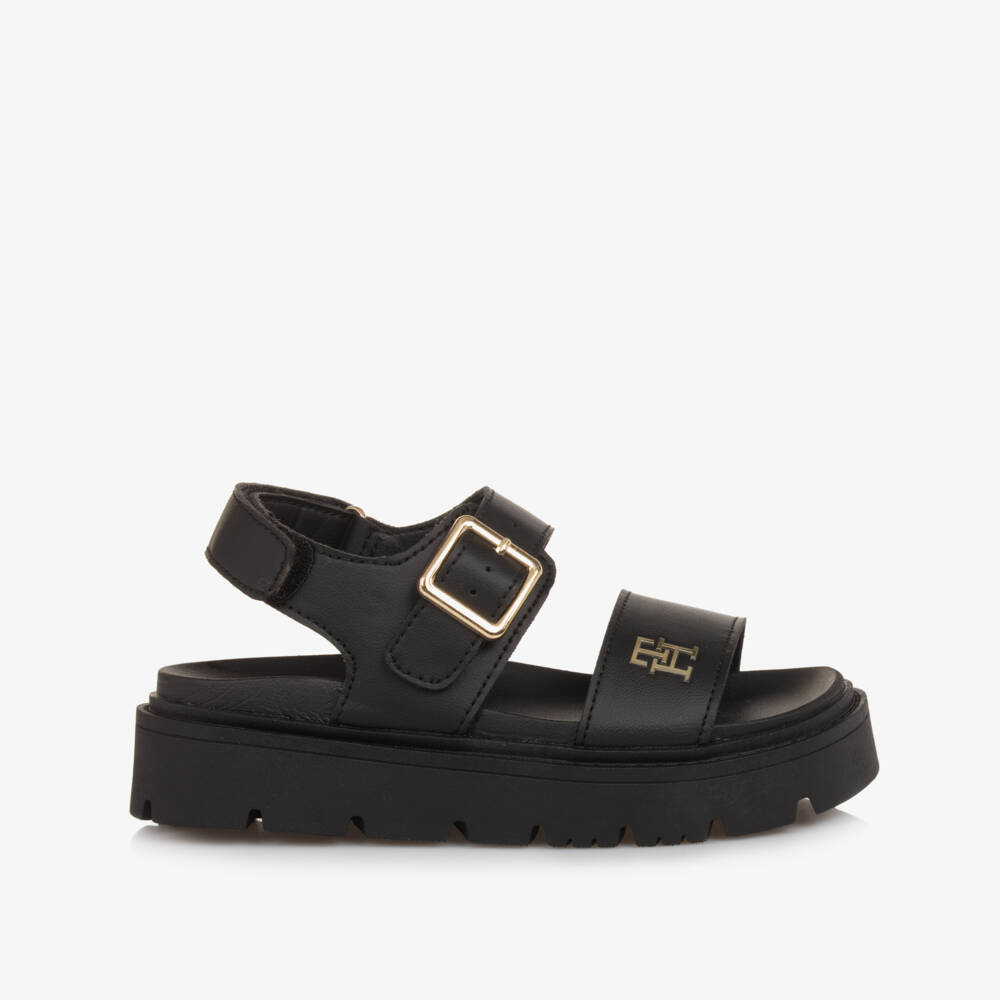 Tommy Hilfiger-Girls Sleek Black Faux-Leather Sandals | Childrensalon Outlet