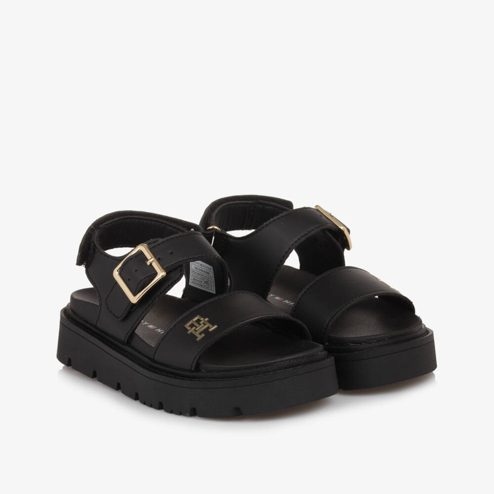 Tommy Hilfiger-Girls Sleek Black Faux-Leather Sandals | Childrensalon Outlet