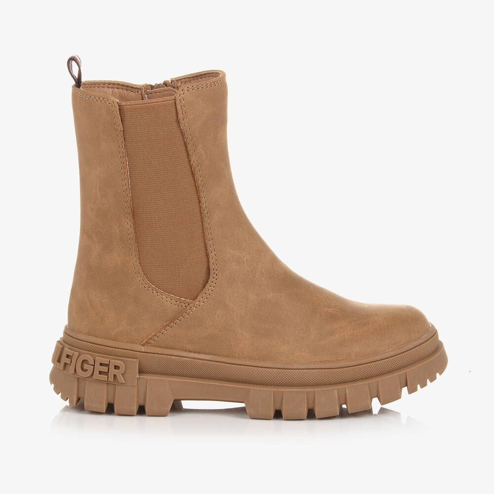 Tommy Hilfiger Girls Tan Brown Faux Leather Chelsea Boots
