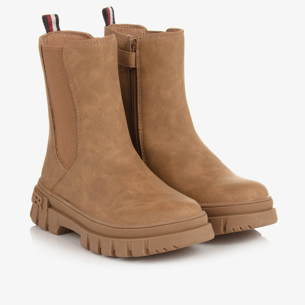 Tommy Hilfiger - Girls Tan Brown Faux Leather Chelsea Boots | Childrensalon