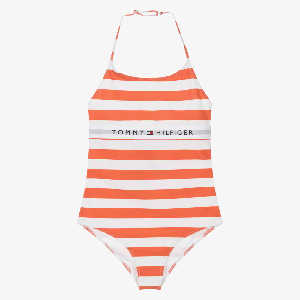 Tommy Hilfiger-Girls Tangerine Striped Halter Swimsuit | Childrensalon Outlet