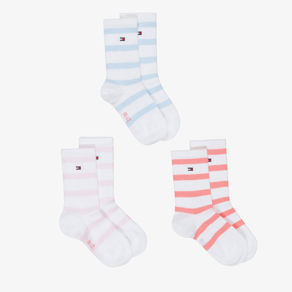Tommy Hilfiger-Girls White Ankle Socks with Blue & Pink Stripes (3 Pack) | Childrensalon Outlet
