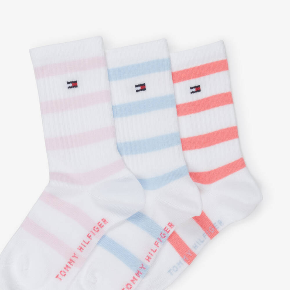 Tommy Hilfiger-Girls White Ankle Socks with Blue & Pink Stripes (3 Pack) | Childrensalon Outlet