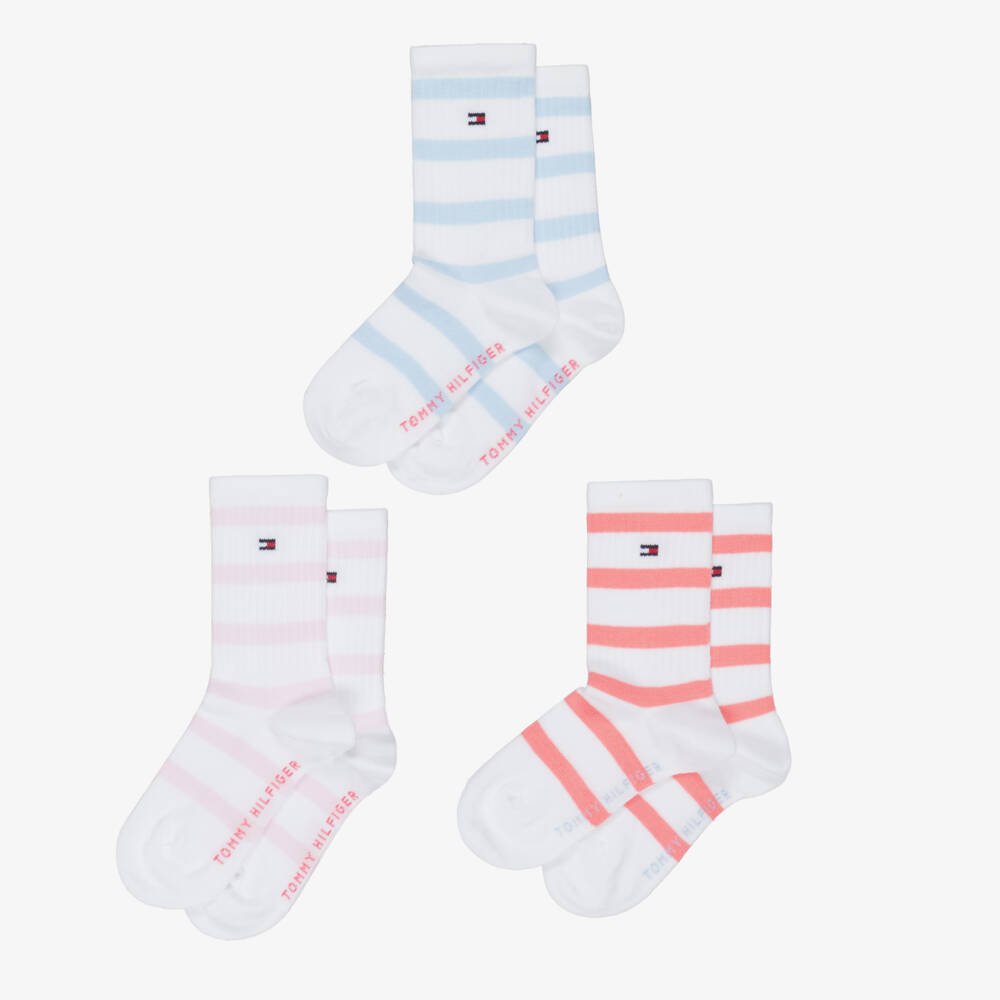 Tommy Hilfiger-Girls White Ankle Socks with Blue & Pink Stripes (3 Pack) | Childrensalon Outlet