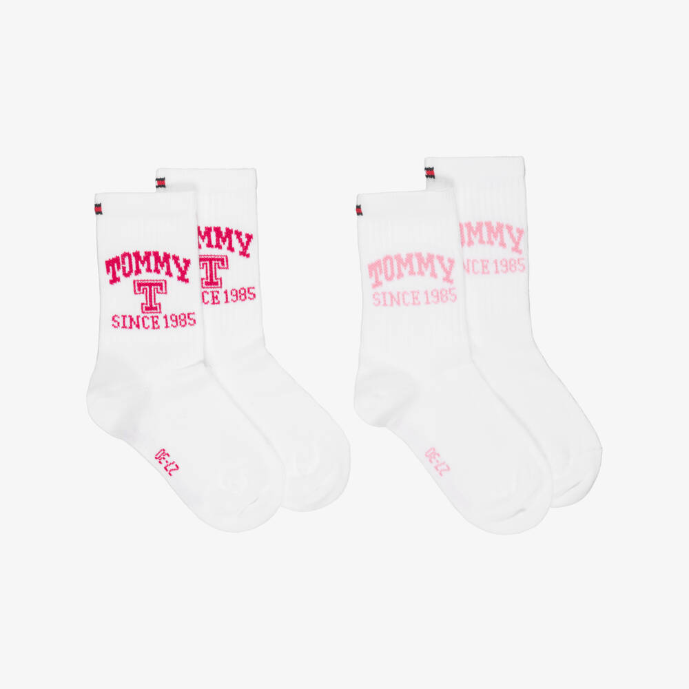 Tommy Hilfiger-Girls White Ankle Socks with Pink Logos (2 Pack) | Childrensalon Outlet