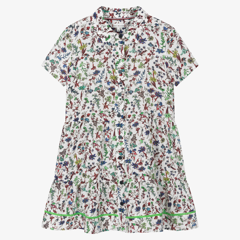 Tommy Hilfiger - Girls White & Blue Cotton Floral Dress | Childrensalon