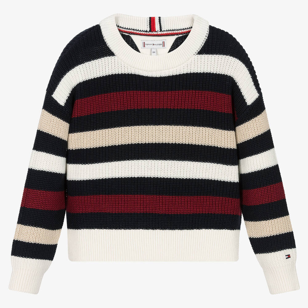Tommy Hilfiger - Girls White & Blue Stripe Cotton Sweater | Childrensalon