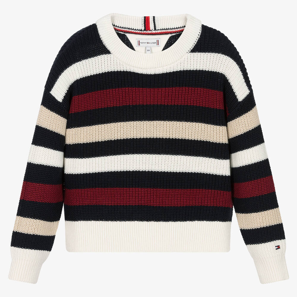 Tommy Hilfiger - Pull blanc et bleu rayé en coton | Childrensalon