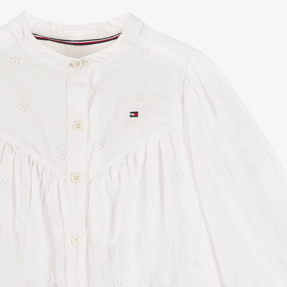 Tommy Hilfiger-Girls White Cotton Button Front Broderie Anglaise Dress | Childrensalon Outlet