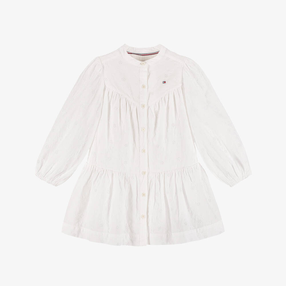 Tommy Hilfiger-Girls White Cotton Button Front Broderie Anglaise Dress | Childrensalon Outlet
