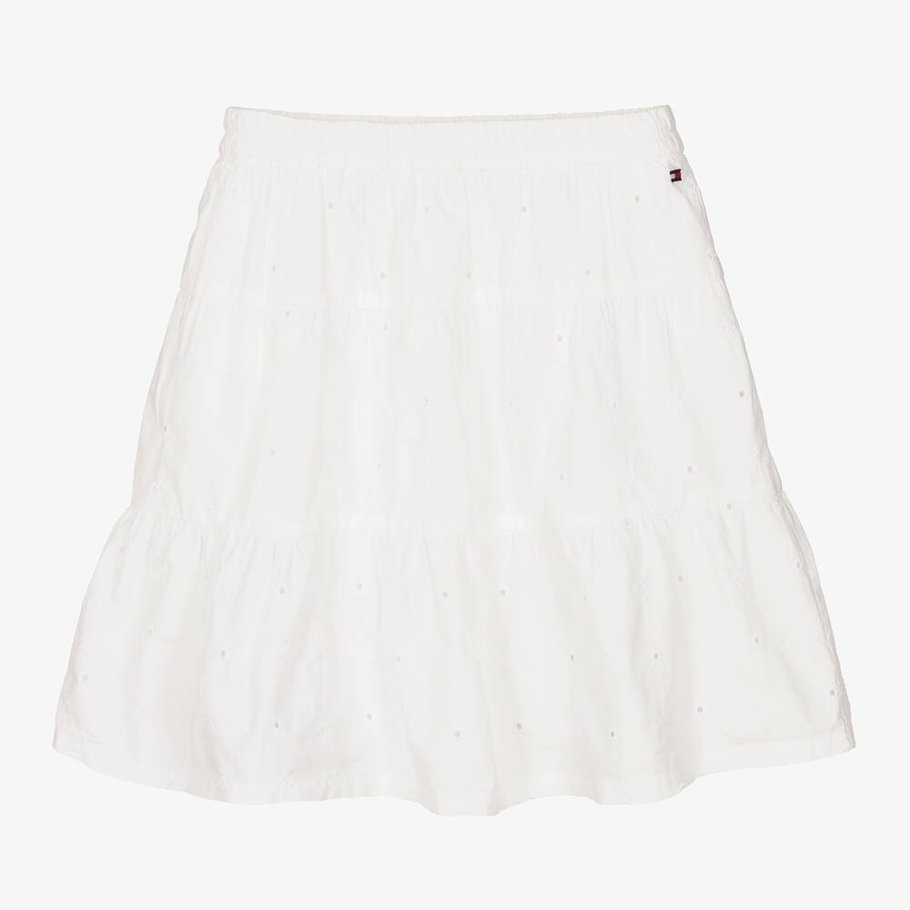 Tommy Hilfiger - تنورة قطن بوبلين مطرزة لون أبيض | Childrensalon