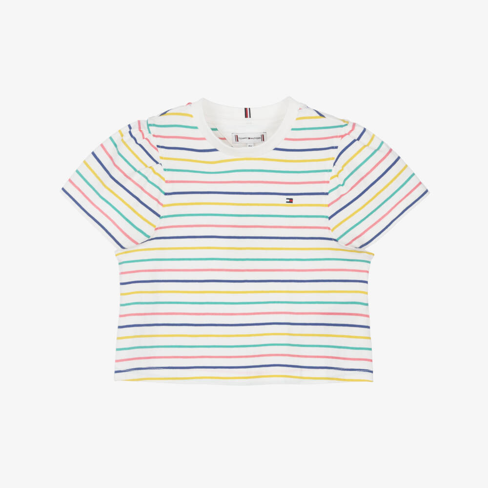 Tommy Hilfiger-Girls White Cotton Jersey T-Shirt with Colourful Stripes | Childrensalon Outlet