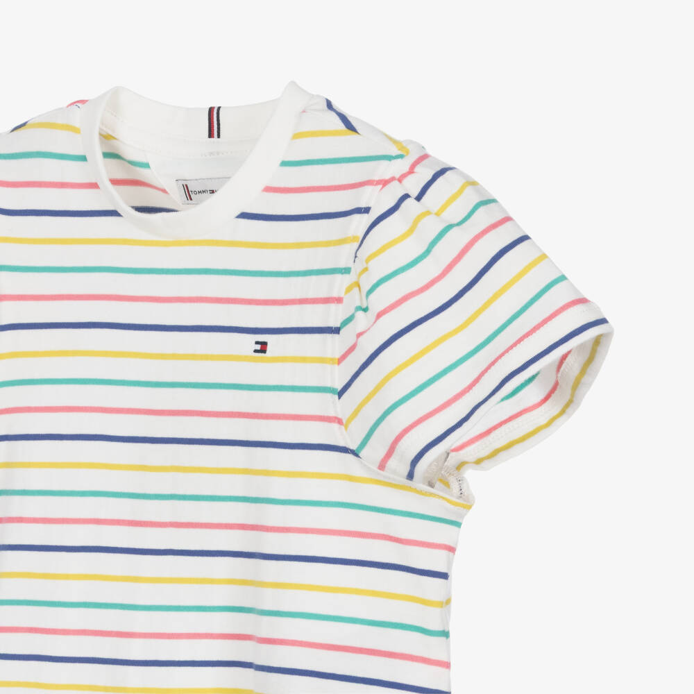 Tommy Hilfiger-Girls White Cotton Jersey T-Shirt with Colourful Stripes | Childrensalon Outlet