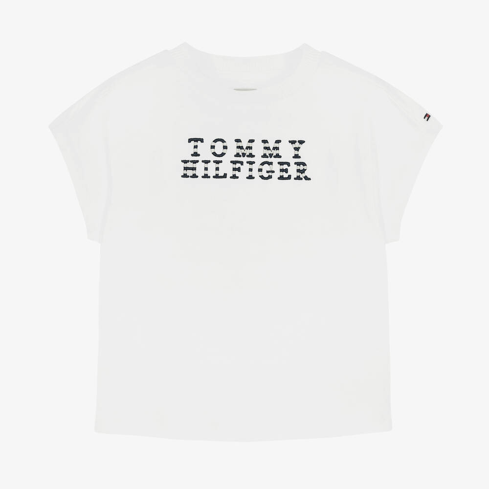 Tommy Hilfiger - Girls White Cotton Logo T-Shirt | Childrensalon