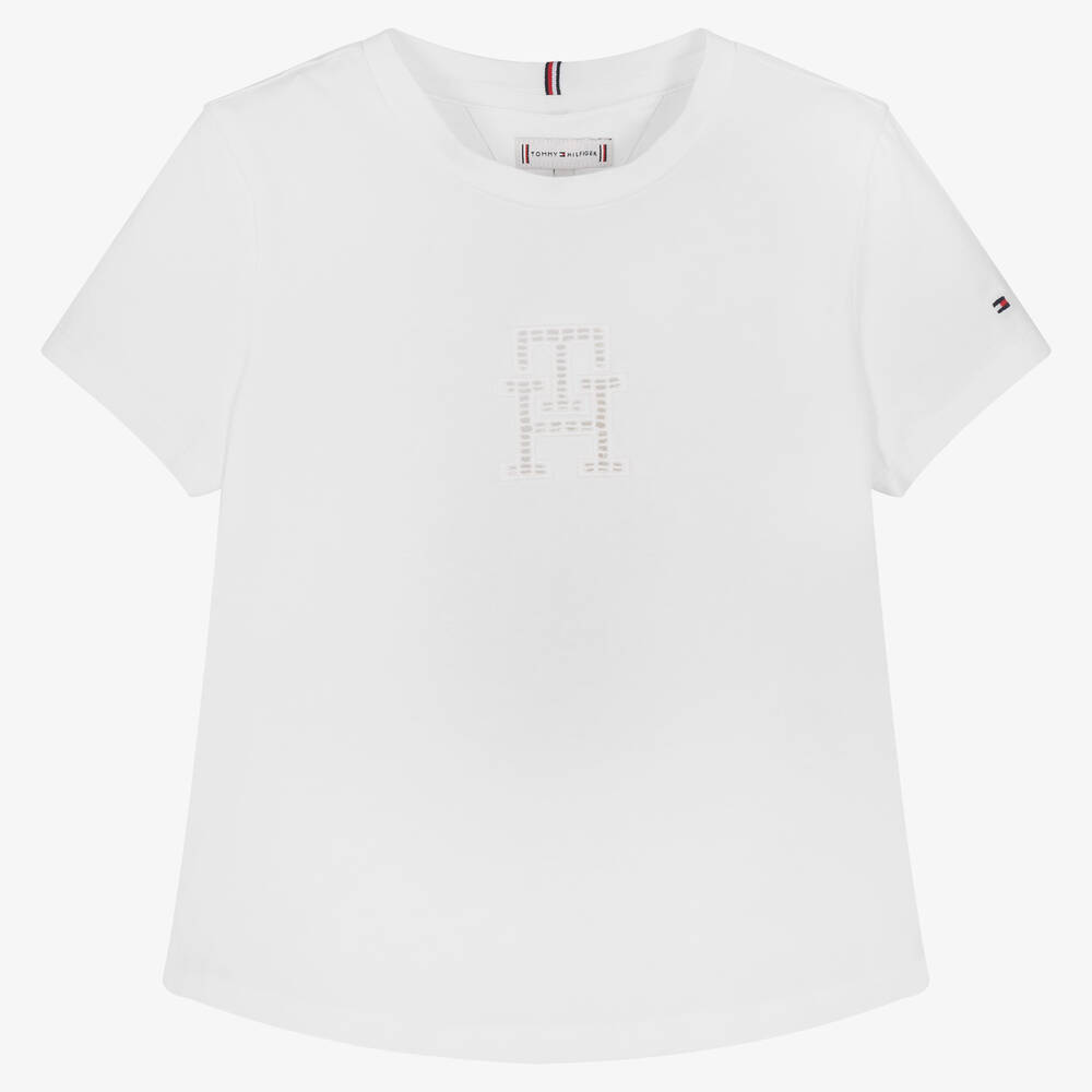 Tommy Hilfiger - Girls White Cotton Monogram Logo T-Shirt | Childrensalon