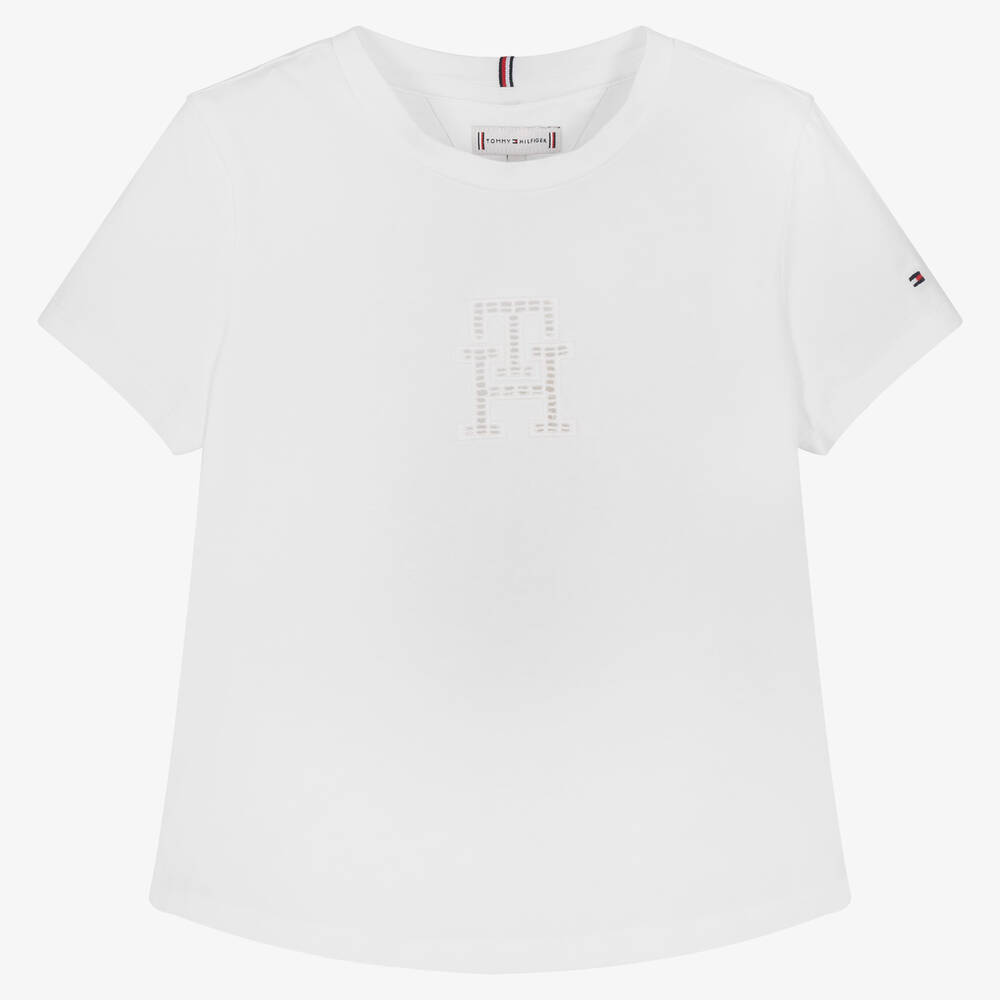 Tommy Hilfiger-Girls White Cotton Monogram Logo T-Shirt | Childrensalon Outlet