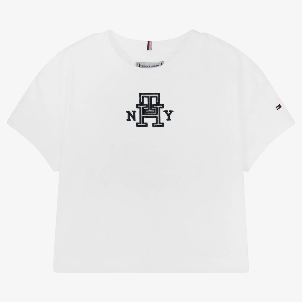 Tommy Hilfiger - Girls White Cotton Monogram T-Shirt | Childrensalon
