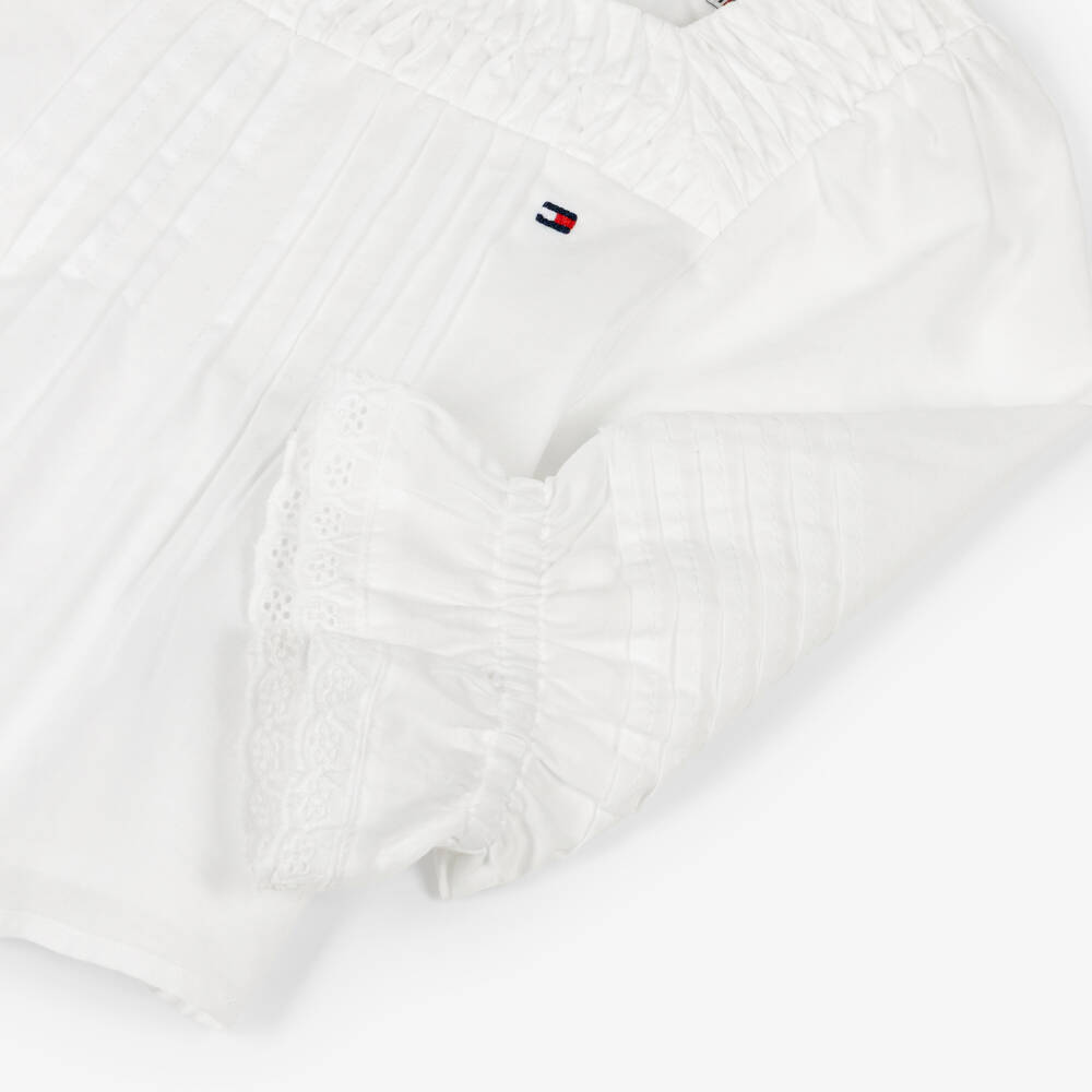 Tommy Hilfiger-Girls White Cotton Pintuck Blouse with Broderie Trims | Childrensalon Outlet