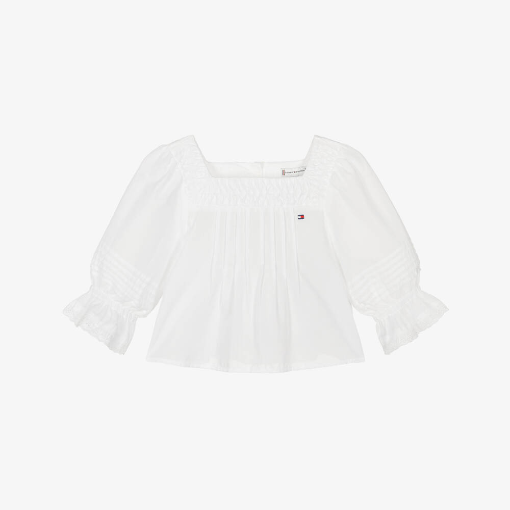 Tommy Hilfiger-Girls White Cotton Pintuck Blouse with Broderie Trims | Childrensalon Outlet