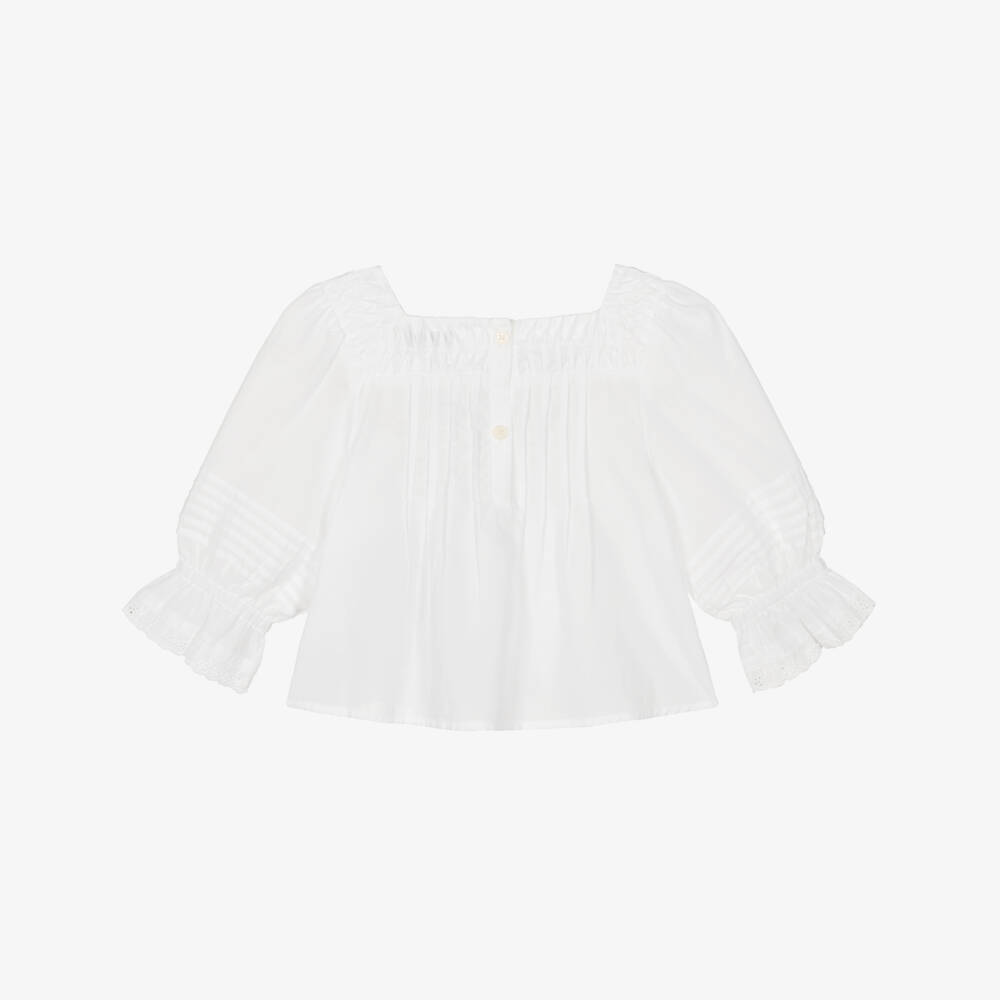 Tommy Hilfiger-Girls White Cotton Pintuck Blouse with Broderie Trims | Childrensalon Outlet