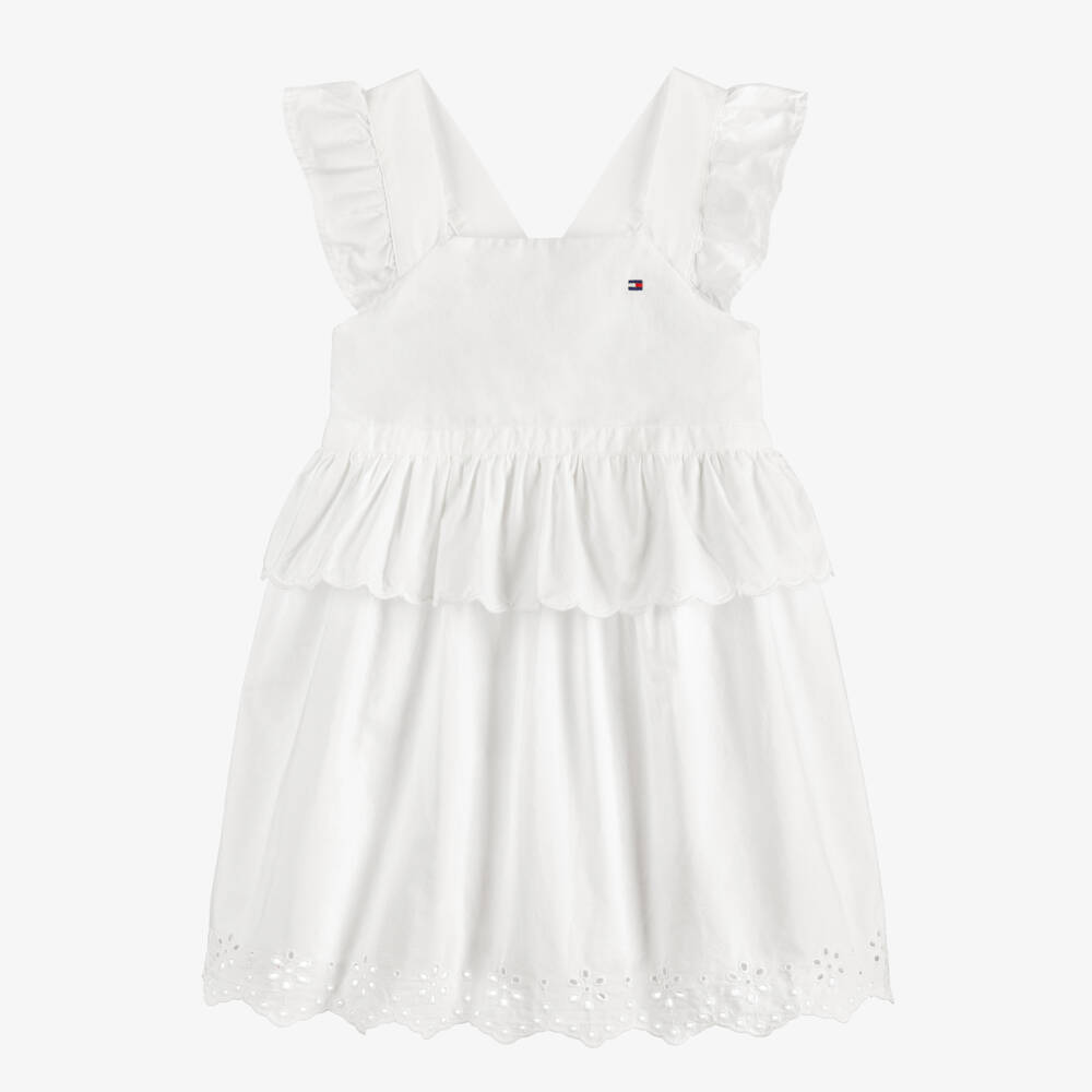 Tommy Hilfiger-Girls White Cotton Poplin Dress with Broderie Anglaise Hem | Childrensalon Outlet