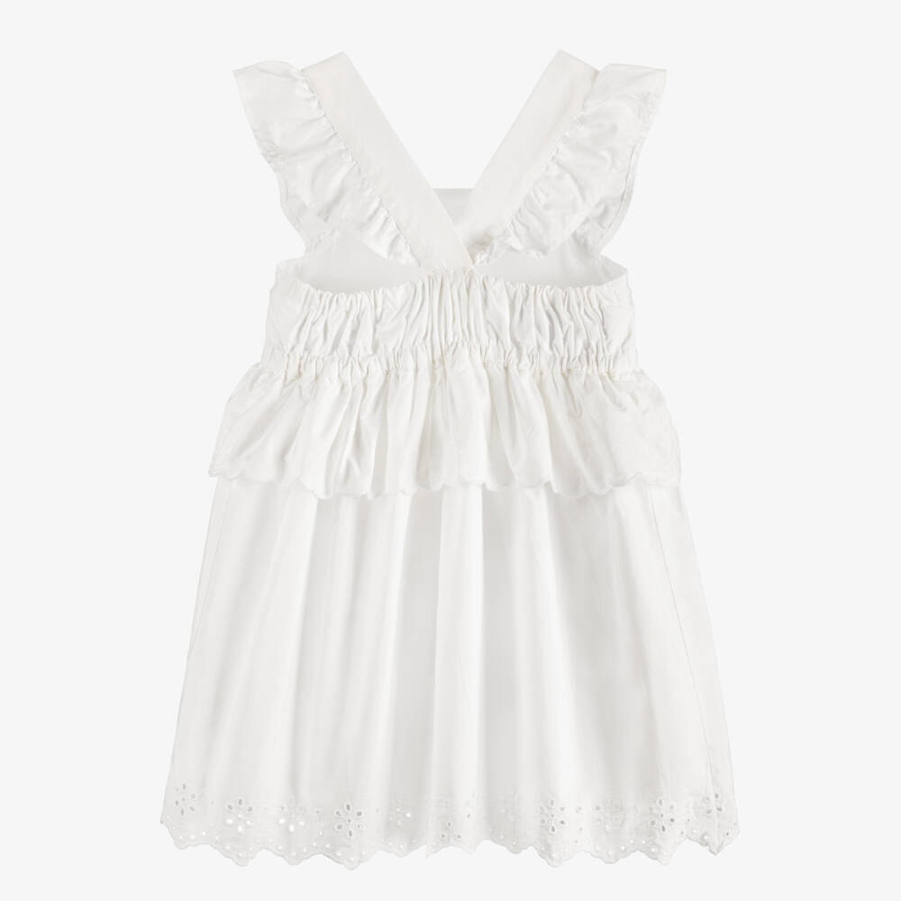 Tommy Hilfiger-Girls White Cotton Poplin Dress with Broderie Anglaise Hem | Childrensalon Outlet