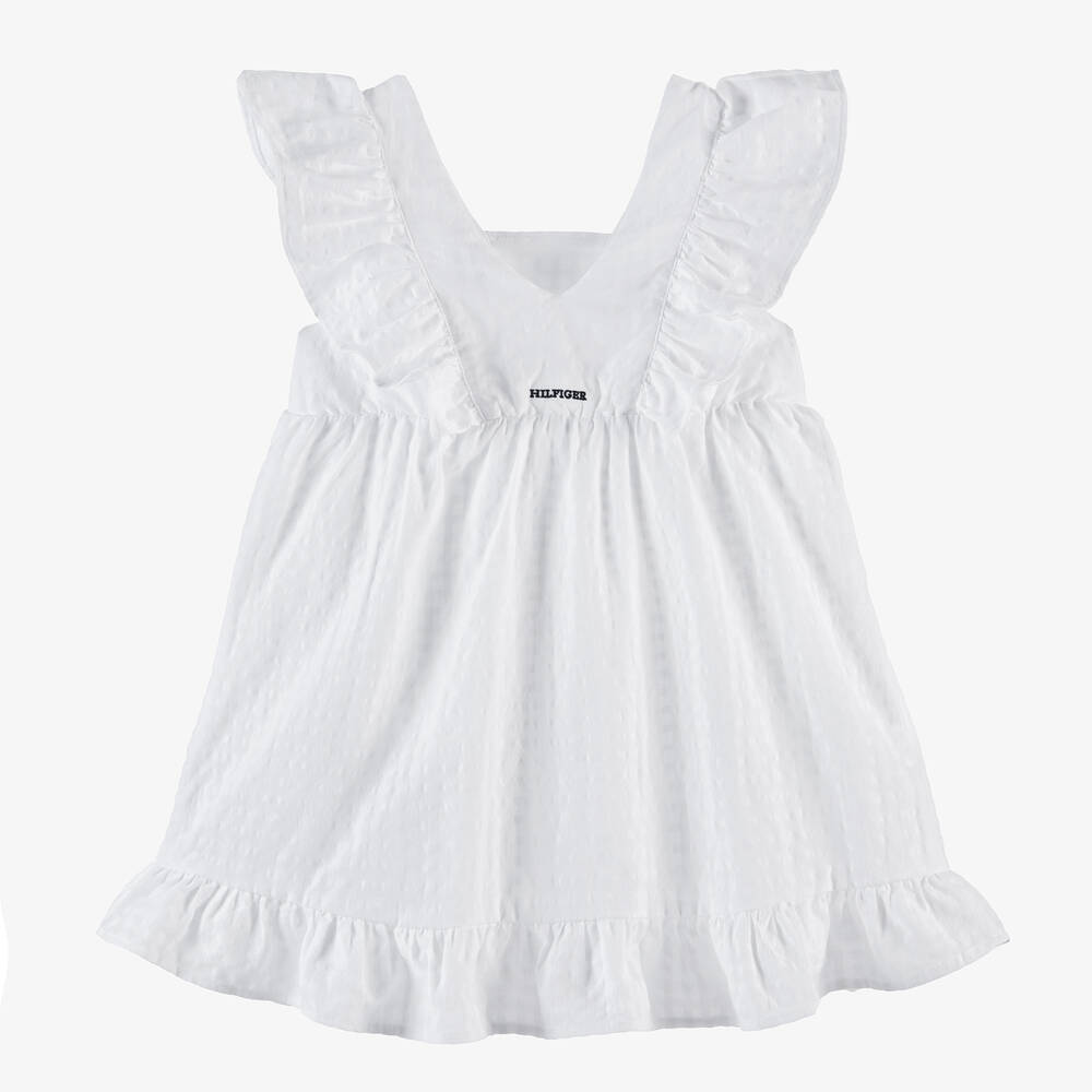 Tommy Hilfiger-فستان قطن سيرسوكر لون أبيض مزين بكشكش | Childrensalon Outlet