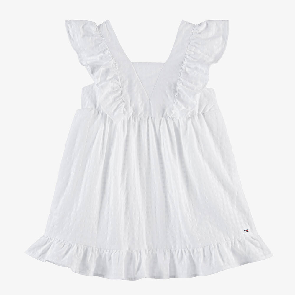 Tommy Hilfiger-Girls White Cotton Ruffle Dress | Childrensalon Outlet