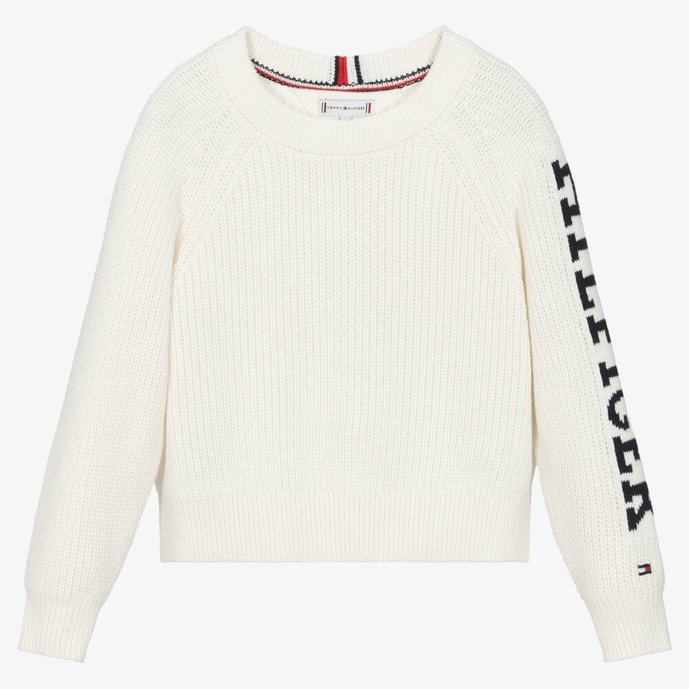 Tommy Hilfiger - Girls White Cotton Sweater | Childrensalon