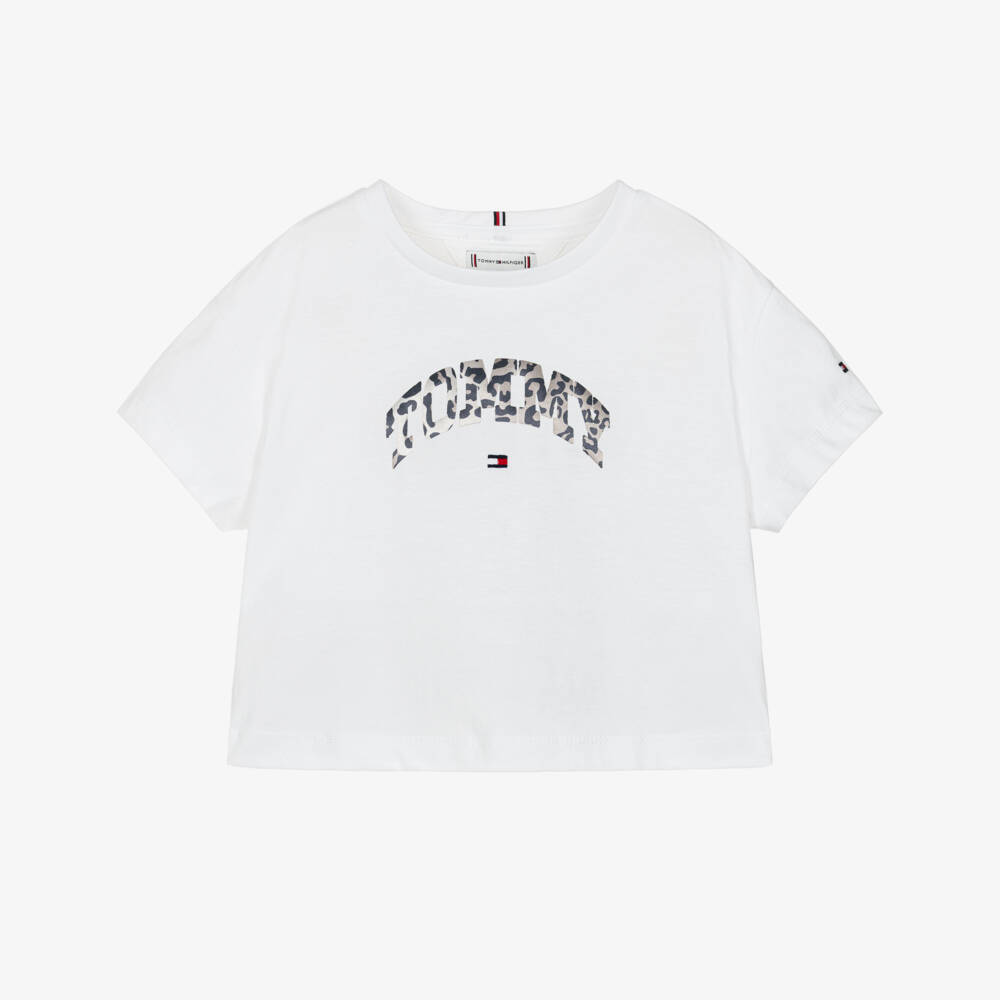 Tommy Hilfiger-Girls White Cotton T-Shirt with Animal Print Logo | Childrensalon Outlet