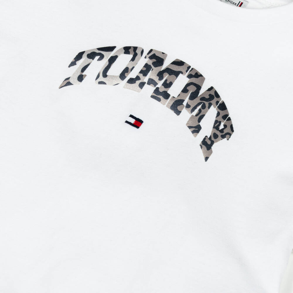 Tommy Hilfiger-Girls White Cotton T-Shirt with Animal Print Logo | Childrensalon Outlet
