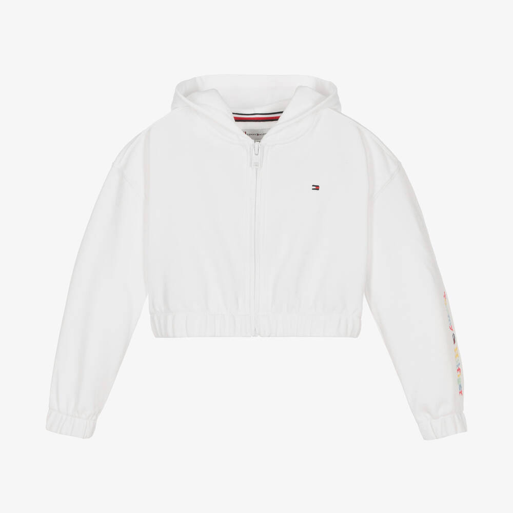 Tommy Hilfiger - Girls White Cotton Zip-Up Hoodie | Childrensalon