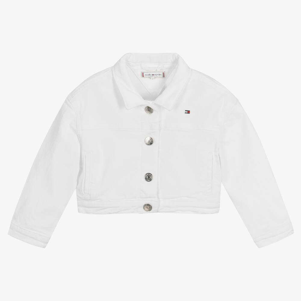 Tommy Hilfiger - Girls White Cropped Denim Logo Jacket | Childrensalon