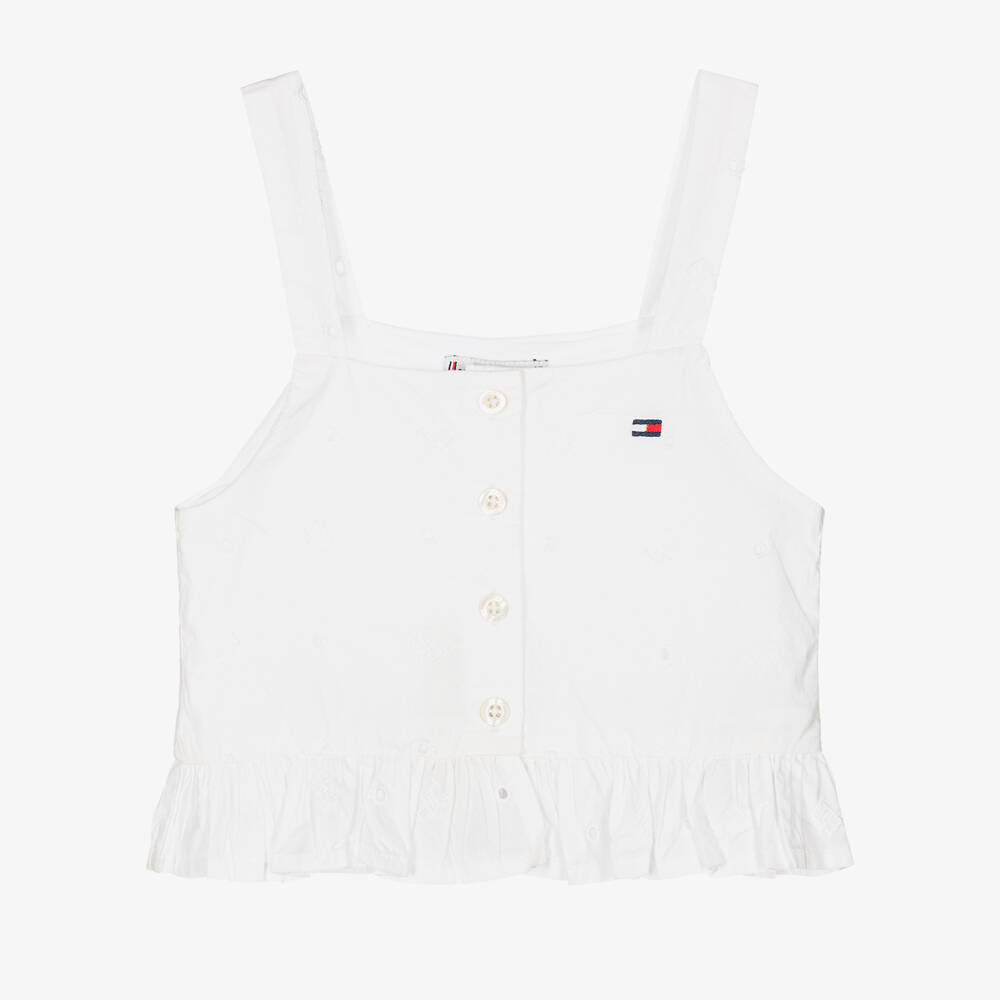 Tommy Hilfiger - Girls White Embroidered Monogram Logo Top | Childrensalon