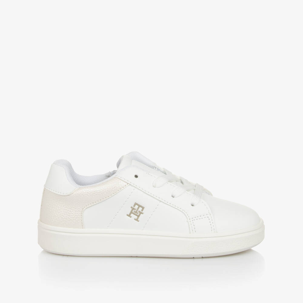 Tommy Hilfiger-Girls White Faux Leather TH Monogram Trainers | Childrensalon Outlet