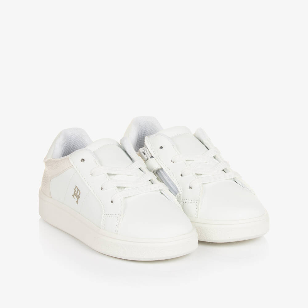 Tommy Hilfiger-Girls White Faux Leather TH Monogram Trainers | Childrensalon Outlet