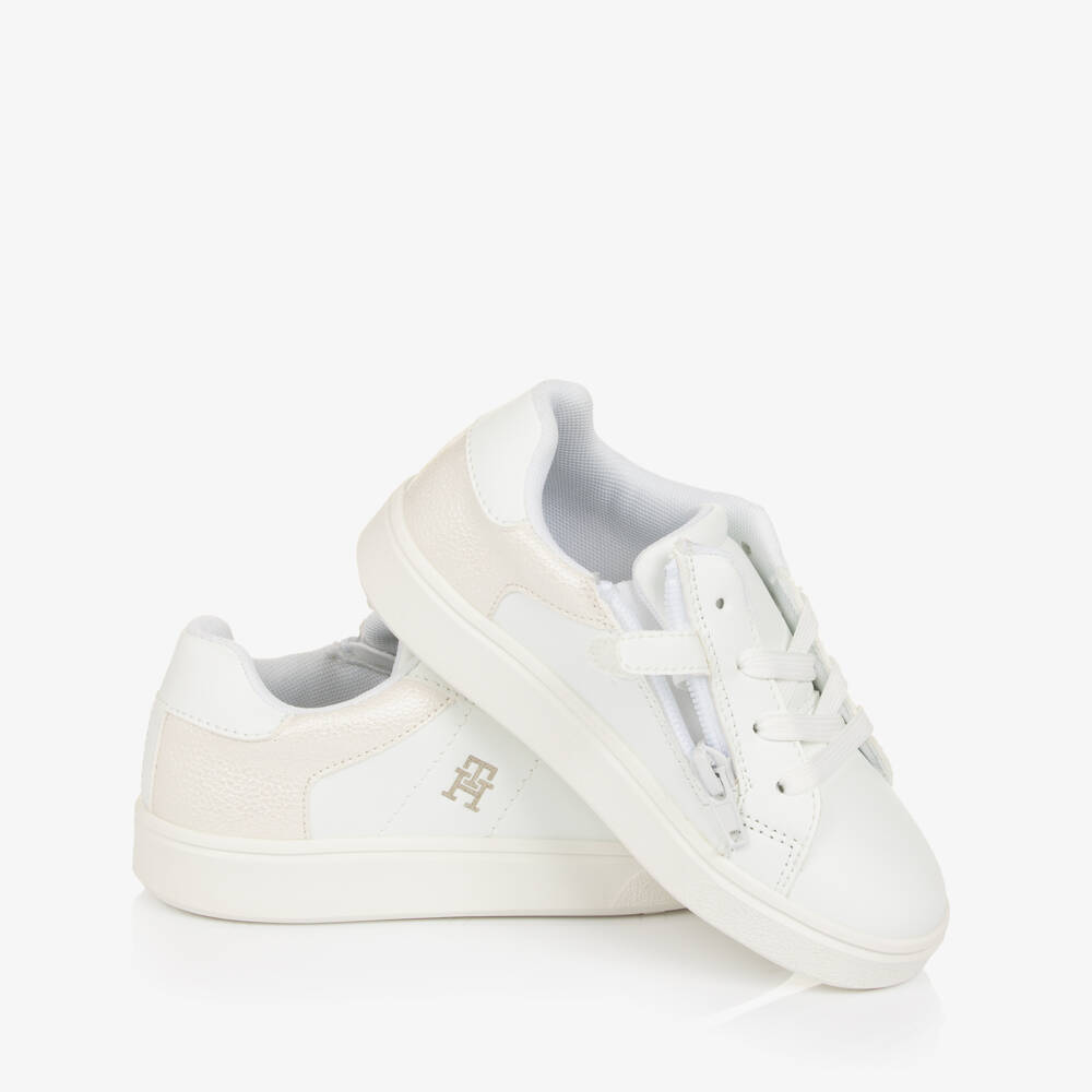 Tommy Hilfiger-Girls White Faux Leather TH Monogram Trainers | Childrensalon Outlet