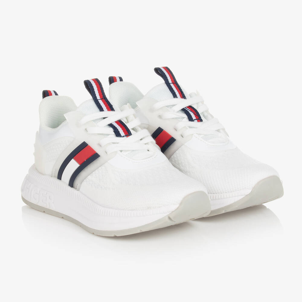 Tommy Hilfiger - Girls White Flag Logo Mesh Trainers | Childrensalon