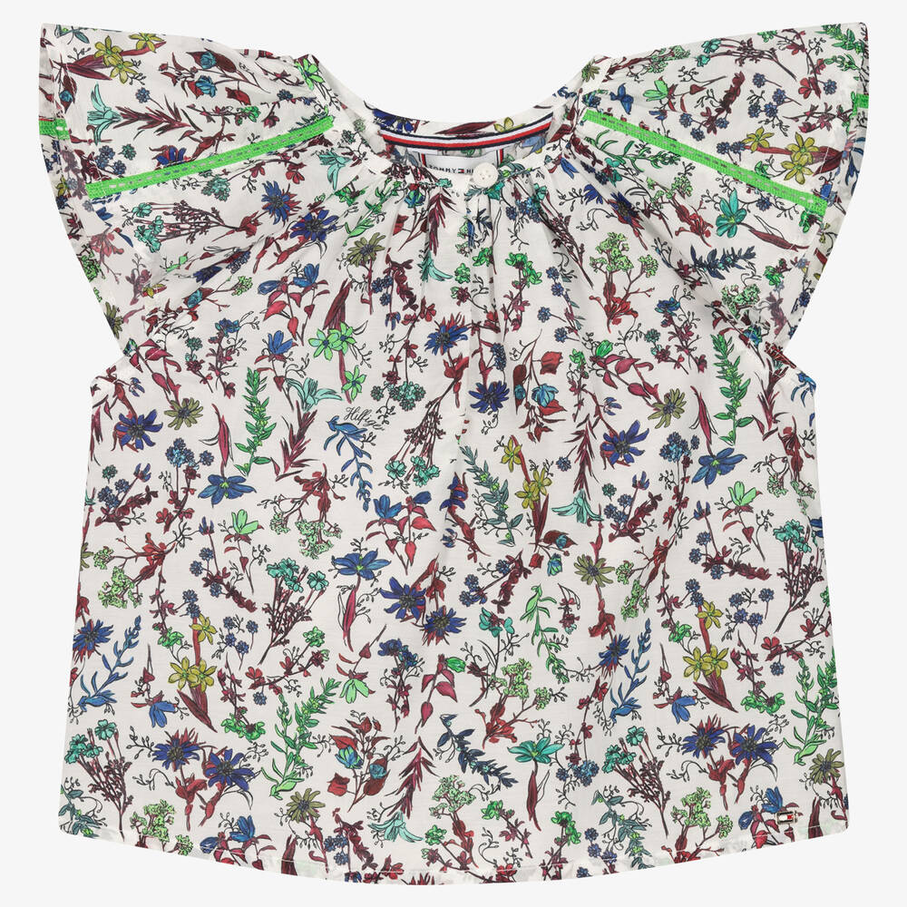 Tommy Hilfiger - Girls White Floral Cotton Blouse | Childrensalon