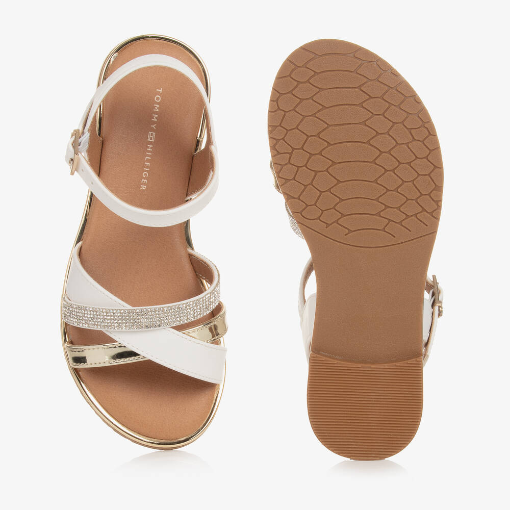 Tommy Hilfiger-صندل جلد صناعي لون أبيض وذهبي مزين بديامنتي | Childrensalon Outlet