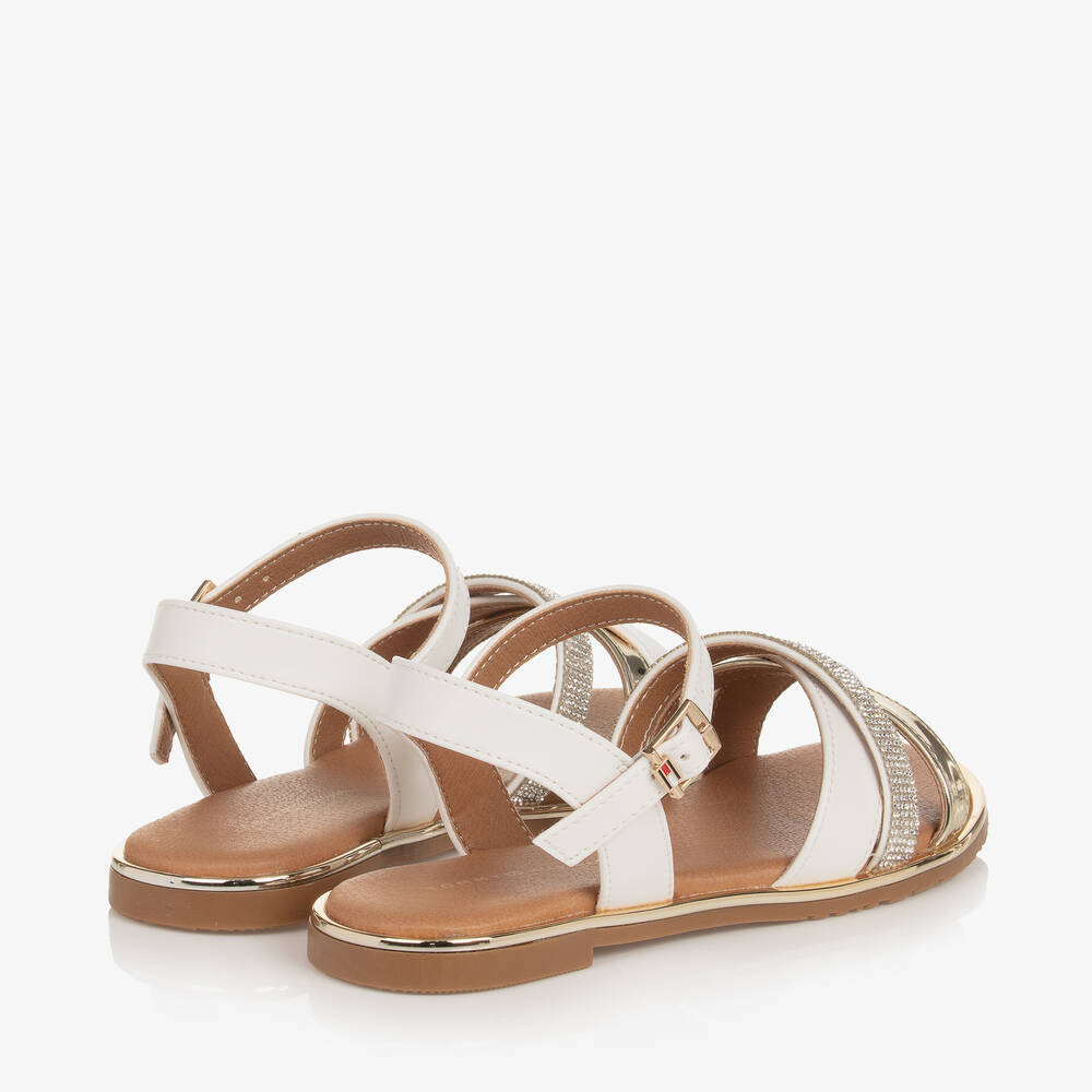 Tommy Hilfiger-صندل جلد صناعي لون أبيض وذهبي مزين بديامنتي | Childrensalon Outlet