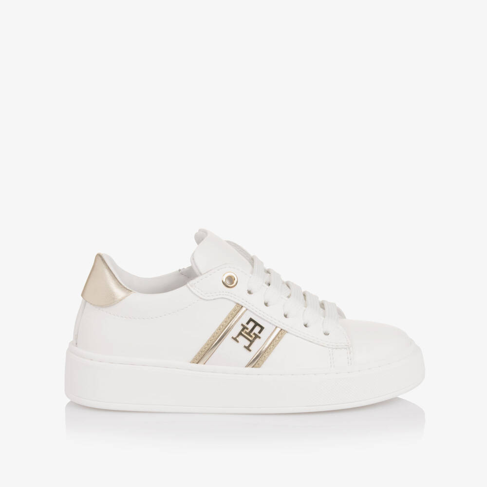 Tommy Hilfiger-Girls White & Gold Faux Leather Trainers with TH Monogram Logo | Childrensalon Outlet