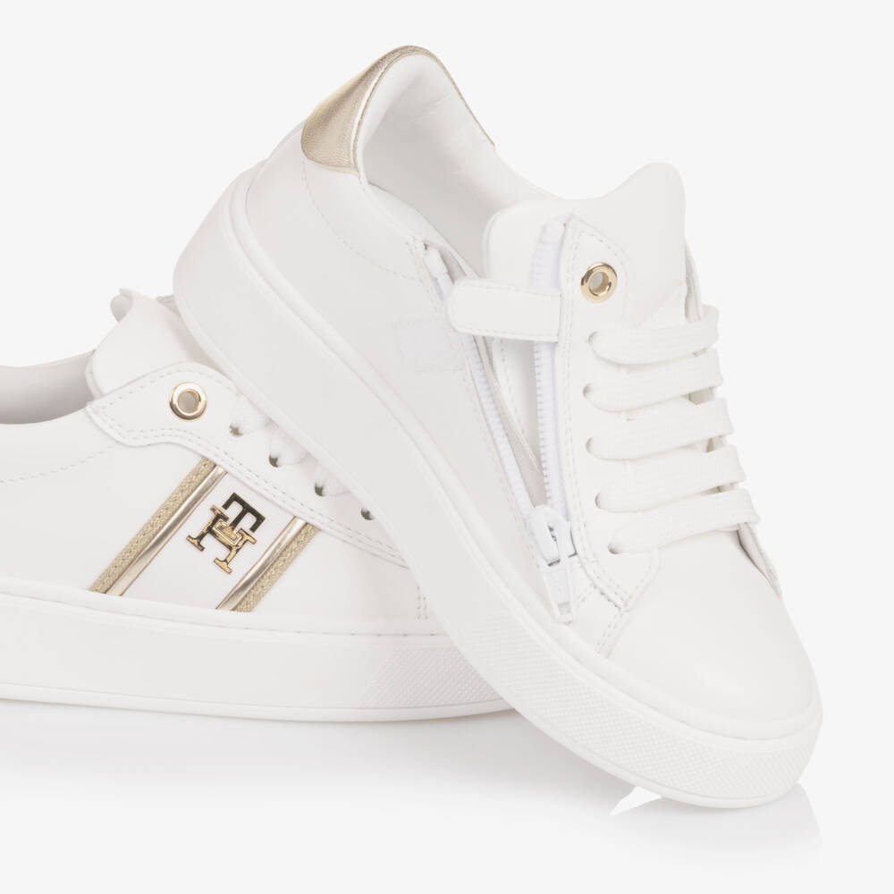 Tommy Hilfiger-Girls White & Gold Faux Leather Trainers with TH Monogram Logo | Childrensalon Outlet