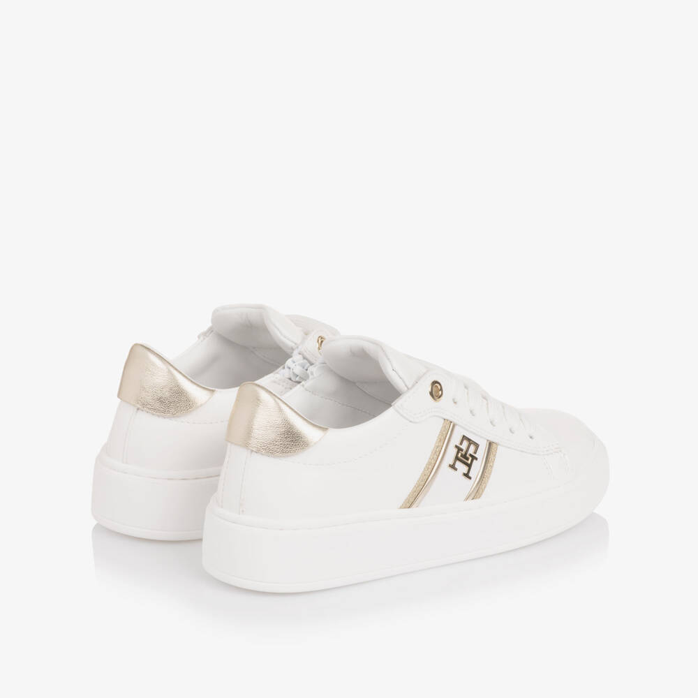 Tommy Hilfiger-Girls White & Gold Faux Leather Trainers with TH Monogram Logo | Childrensalon Outlet