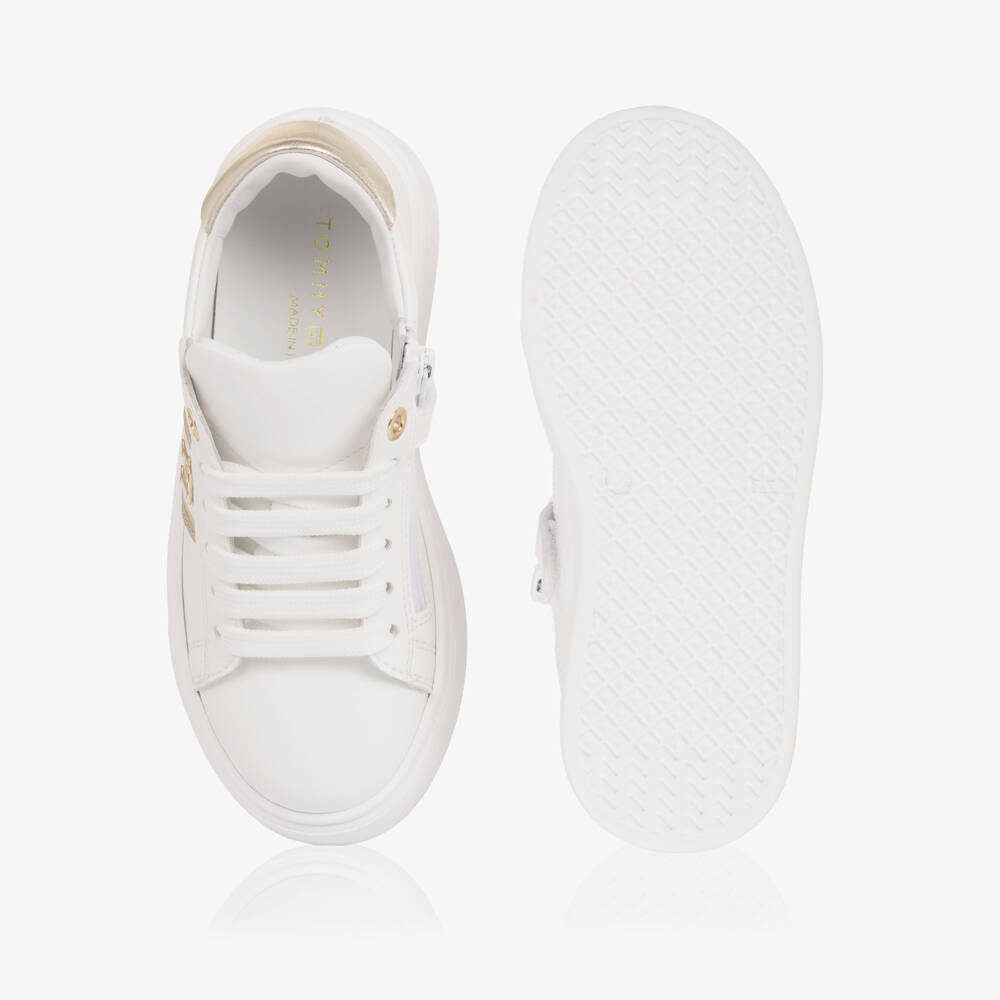 Tommy Hilfiger-Girls White & Gold Faux Leather Trainers with TH Monogram Logo | Childrensalon Outlet