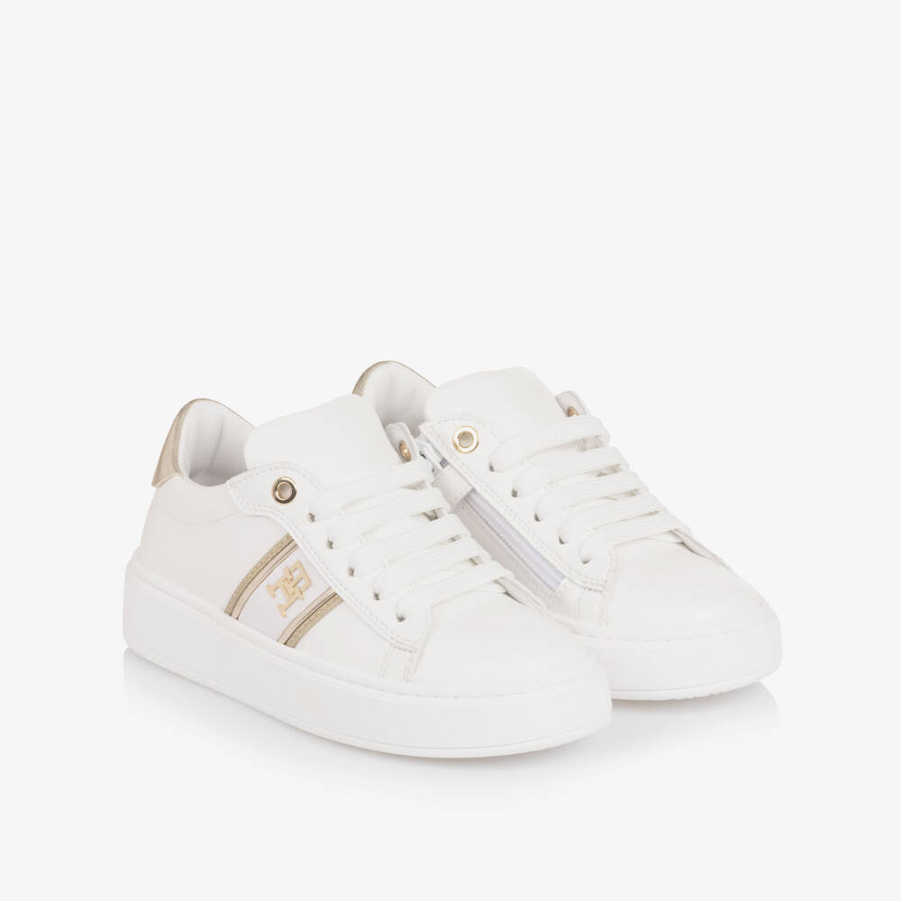 Tommy Hilfiger-Girls White & Gold Faux Leather Trainers with TH Monogram Logo | Childrensalon Outlet