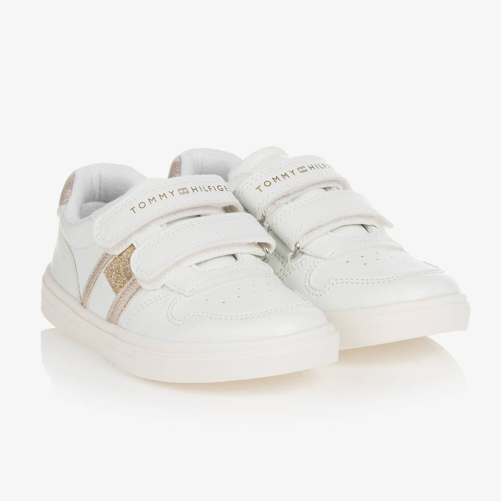 Tommy Hilfiger - Girls White & Gold Glitter Velcro Trainers | Childrensalon