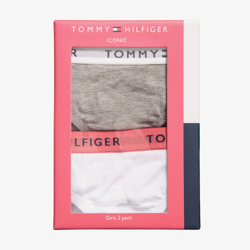 Tommy Hilfiger-Girls White & Grey Cotton Bikini Briefs (2 Pack) | Childrensalon Outlet