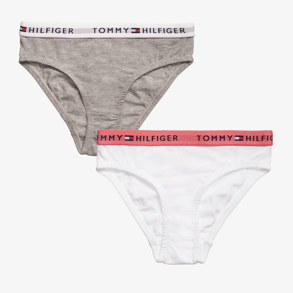 Tommy Hilfiger - Girls White & Grey Cotton Bikini Briefs (Pack of 2) | Childrensalon