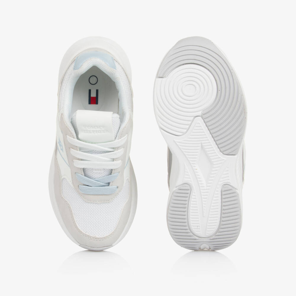Tommy Hilfiger-Girls White & Grey Laced Trainers with Blue Trim | Childrensalon Outlet